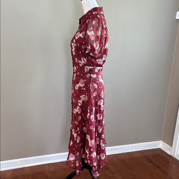 Walter Baker Smith Berry Hibiscus Burgundy Floral Handkerchief Hem Mide Dress S - Picture 10 of 16